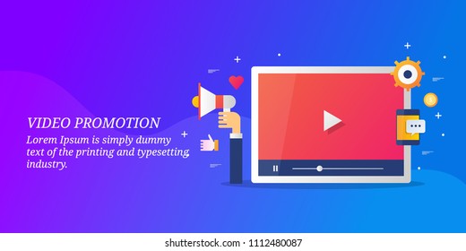 Online video promotion - Viral video - Video sharing - vector banner illustration with icons and texts