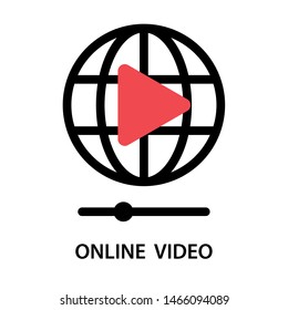 Online video. Red video player with global online. Simple line icon. Isolate on white background.