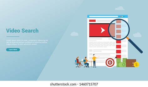 online video search concept technology with magnifying glass and business team searching for website template orn landing homepage with modern flat style - vector