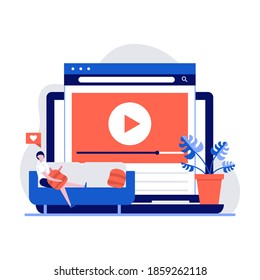 Online video service concept with character. People watching TV and streaming video blog at home. Internet movies hosting. Modern flat illustration for landing page, infographics, hero images.