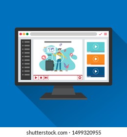 Online video sharing on Computer screen flat icon. most popular video concept to watch. vector illustration.
