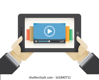 Online video sharing service (Youtube, Instagram, Facebook) collection movies tablet in human hands. Concepts: watching streaming TV, cloud computing movie database, business video education, iTunes