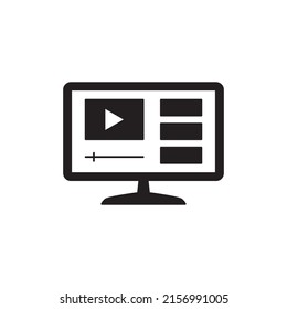 Online video streaming on computer icon in black flat glyph, filled style isolated on white background