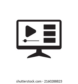 Online video streaming on computer icon in black flat glyph, filled style isolated on white background