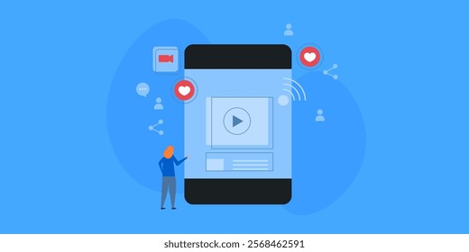 Online video streaming, Social media live steaming, Live broadcasting from social media channel - vector illustration concept with character