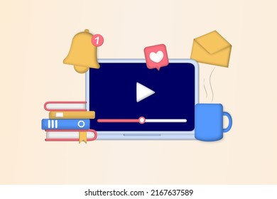 Online video training concept. Distance business training, streaming, webinar, online conference, online learning, watching video tutorial, lessons, lectures in internet. 3D web vector illustration.