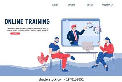 Online video training website banner with people studying remotely and taking part in web conference, cartoon vector illustration. Online business training and distance education.