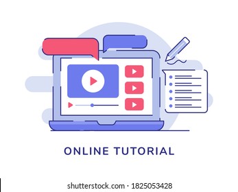 online video tutorial concept with laptop and player notes with modern icon line style