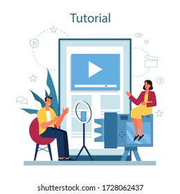 Online video tutorial service or platform. Digital training and distance learning. Study in internet using computer. Video webinar. Isolated illustration in cartoon style