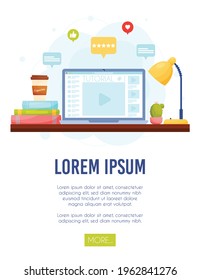 Online video tutorials concept. Home workspace. Vector Illustration.