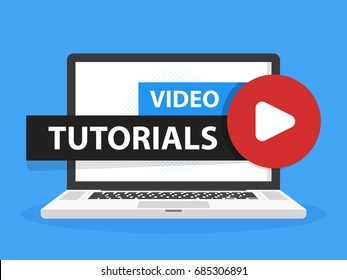 Online video tutorials education button in Laptop notebook computer screen. Play lesson concept. Vector illustration.