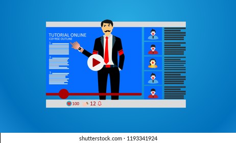Online video tutorials education computer screen. Play lesson concept. Vector illustration.
