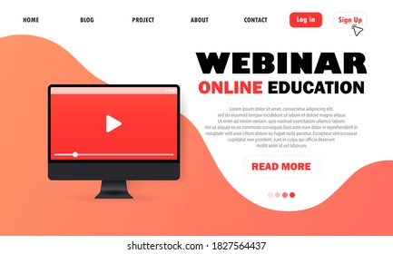 Online video tutorials education in Computer. Play lesson concept. Webinar. Online education, courses. Computer with play button. Modern flat design of online education for the site and mobile site.