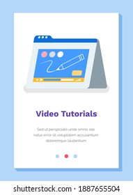 Online video tutorials, webinar, distance education, e-learning, business training vector illutration. Website landing page template. Working with pen tablet and drawing. Video how to draw with pencil