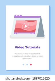 Tutoriales de vídeo en línea, seminarios web, educación a distancia, e-learning, formación empresarial e iluminación vectorial. Concepto de plantilla de página de inicio del sitio web. Reproductor de vídeo con botón de pausa y reproducción en la pantalla del tablet