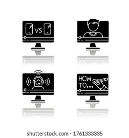 Online video watching drop shadow black glyph icons set. Product comparison. Blogger live stream. Internet tutorial. Videography industry. Isolated vector illustrations on white space