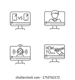 Online video watching pixel perfect linear icons set. Product comparison. Blogger live stream. Customizable thin line contour symbols. Isolated vector outline illustrations. Editable stroke
