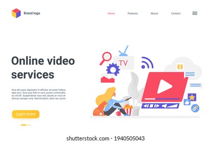 Online video web service vector illustration. Cartoon user woman character watching with cat tv online channel, movie or video vlog content, live stream or webinar, digital platform landing page