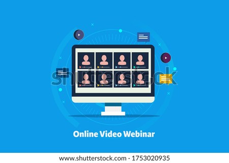 Online video webinar, Video conferencing, Digital communication - conceptual vector illustration with icons on blue background