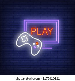 Online videogame neon icon. Monitor with play lettering and joystick on brick wall background. Gaming industry concept. Vector illustration can be used for neon signs, billboards, nightlife.