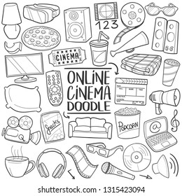 Online View Cinema. Home Film Day. Traditional Doodle Icons. Sketch Hand Made Design Vector Art.