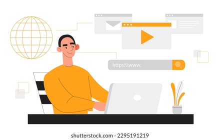 Online viewing concept. Man behind laptop watches video on Internet and searches for information on site. Distance education and training. Guy watching online course. Cartoon flat vector illustration