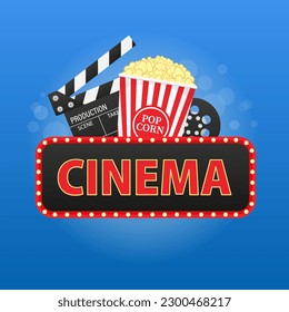 Online viewing of feature films. Composition with popcorn, clapperboard, 3d glasses and film strip. Retro cinema, cinema, movie watching concept. Movie time. Vector illustration