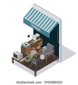 Online vintage shop app on a smartphone and collection of vintage items, isometric 3D illustration