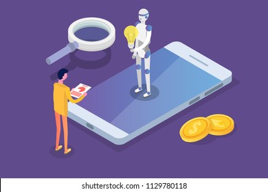 Online virtual assistant, chat bot isometric concept. Vector illustration.