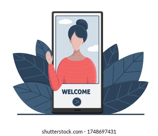 Online Virtual Assistant Concept.  Welcome To The App. Virtual Help Service On Smartphone. Female Hotline Operator Advises Client. Online Technical Support. Flat Style Vector Illustration.