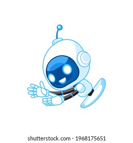 Online virtual assistant concept. Welcome to the app. Virtual help service on smartphone. Chatbot hotline operator advises client. Online technical support. Cartoon character vector illustration.