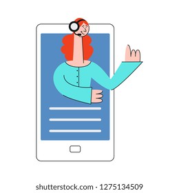 Online virtual assistant consulting and providing help from screen of big smartphone in flat style. Isolated vector illustration female web consultant with headset in mobile application.