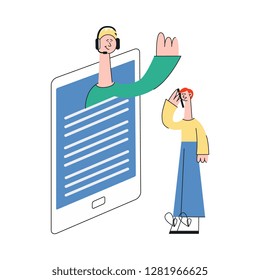 Online virtual assistant helping customer talking on telephone in flat vector illustration. Isolated male worker with headset from application on screen of big mobile device consulting client.