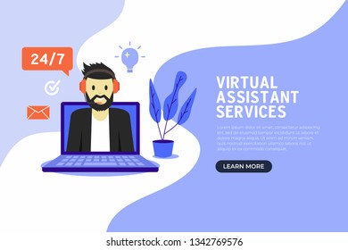 Online virtual assistant services banner flat design.