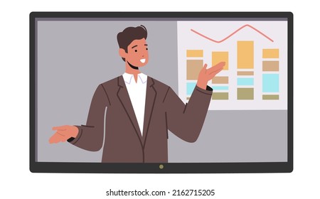 Online Virtual Business Conference, Meeting or Seminar with Trainer Giving Financial Information Stand at Whiteboard with Data Statistics Charts and Graphs on Monitor. Cartoon Vector Illustration