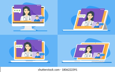 Online Virtual Consultation, Male Patient Consult To Female Doctor About His Medical Condition Via Internet. Available In White Desktop PC, Tablet And Laptop Chat Conference Display Screen. 