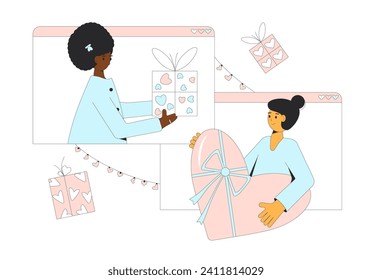 Online virtual dating. Valentine's Day gift exchange. Human characters giving and receiving presents. Love holiday celebration. People with giftboxes in heart shape. Love or friendship concept.