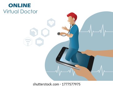 Online virtual doctor consultation concept. Hands holding smart phone with doctor on screen,diagnose patient via remote virtual interface app. Idea for virtual hospital,healthcare and medical service.