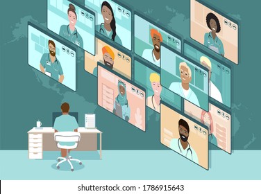 Online Virtual Doctor Video Conference, Diverse Medical Professionals Meeting, Remote Work Communication, Sharing Information,   Treatment Experience During Coronavirus Pandemic. Vector Illustration