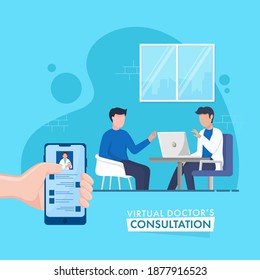Online Virtual Doctor's Consultation Concept Based Poster Design, Faceless Doctor Talking To Patient On Blue Background.