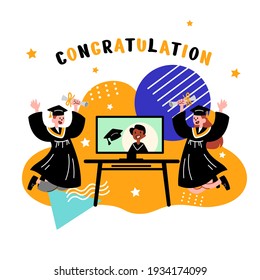 Online virtual graduation ceremony. A pair of bachelors stand behind pc screen flat vector illustration.