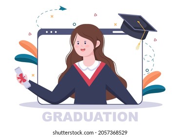 Online Virtual Graduation Day of Students Celebrating Background Vector Illustration Wearing Academic Dress, Graduate Cap and Holding Diploma in Communicate Via Video 