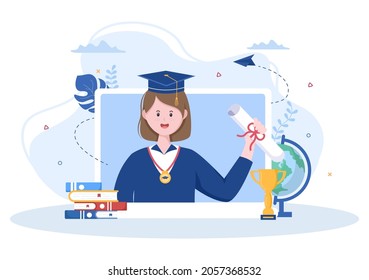 Online Virtual Graduation Day of Students Celebrating Background Vector Illustration Wearing Academic Dress, Graduate Cap and Holding Diploma in Communicate Via Video 