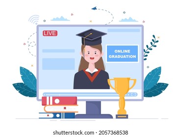 Online Virtual Graduation Day of Students Celebrating Background Vector Illustration Wearing Academic Dress, Graduate Cap and Holding Diploma in Communicate Via Video 