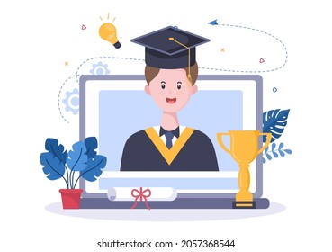 Online Virtual Graduation Day of Students Celebrating Background Vector Illustration Wearing Academic Dress, Graduate Cap and Holding Diploma in Communicate Via Video 