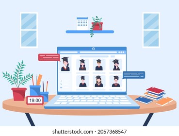 Online Virtual Graduation Day of Students Celebrating Background Vector Illustration Wearing Academic Dress, Graduate Cap and Holding Diploma in Communicate Via Video 