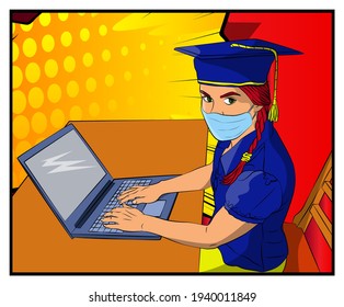 Online Virtual Graduation. Girls wearing face mask and graduation cap, video conference with laptop. College University or High School Graduation ceremony from home.