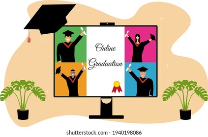 Online Virtual Graduation Video Conference in PC. College or University Student Commencement Ceremony with Gown and mortarboard. Online Celebration Meeting Concept. COVID-19 Pandemic impact.
