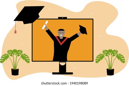 Online Virtual Graduation Video Conference in PC. Boy Celebrating Graduation Day. College or University Student Commencement Ceremony with Gown and mortarboard. Online Celebration Meeting Concept.