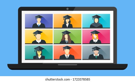 Online Virtual Graduation Video Web Conference Teleconference in Laptop. College University or High School Student Commencement Ceremony with Gown & Hat from home. Flatten the Curve COVID-19 Pandemic